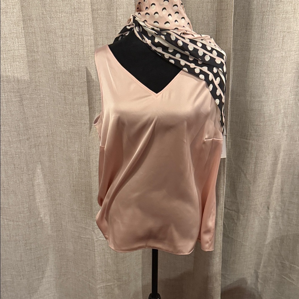 Talbots Pink Satin Sleeveless Top with silk Polka Dot Scarf